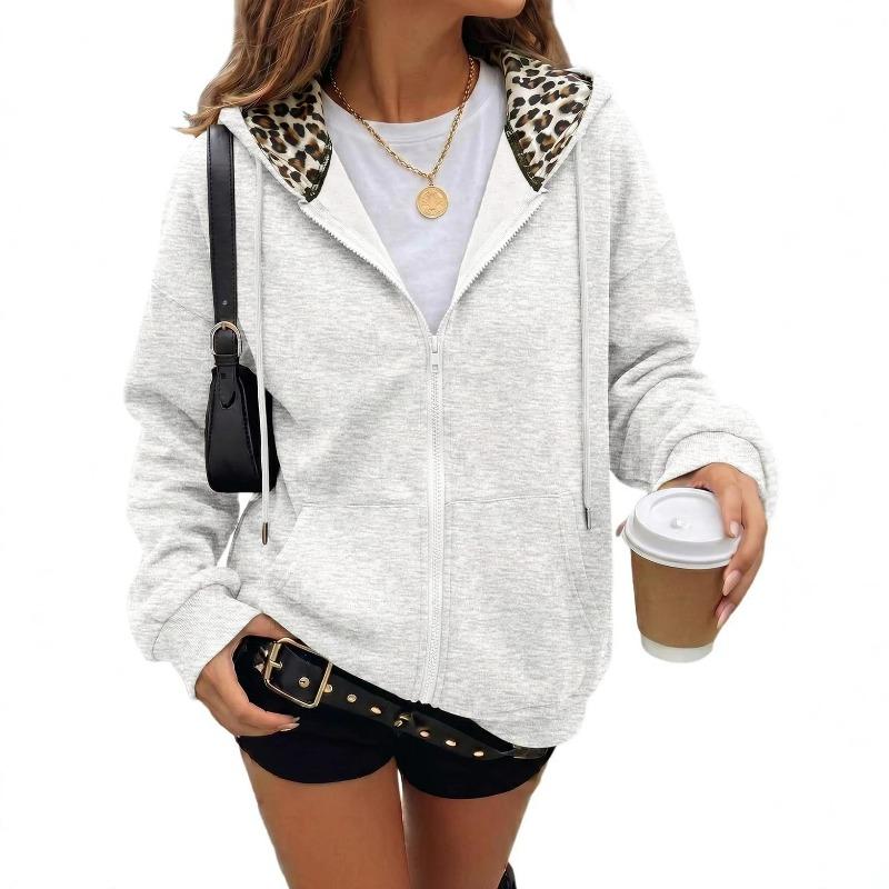 Damen Leopard Print Reißverschluss Hoodie Langarm Fleecegefüttert Lässige Sweatshirtjacke