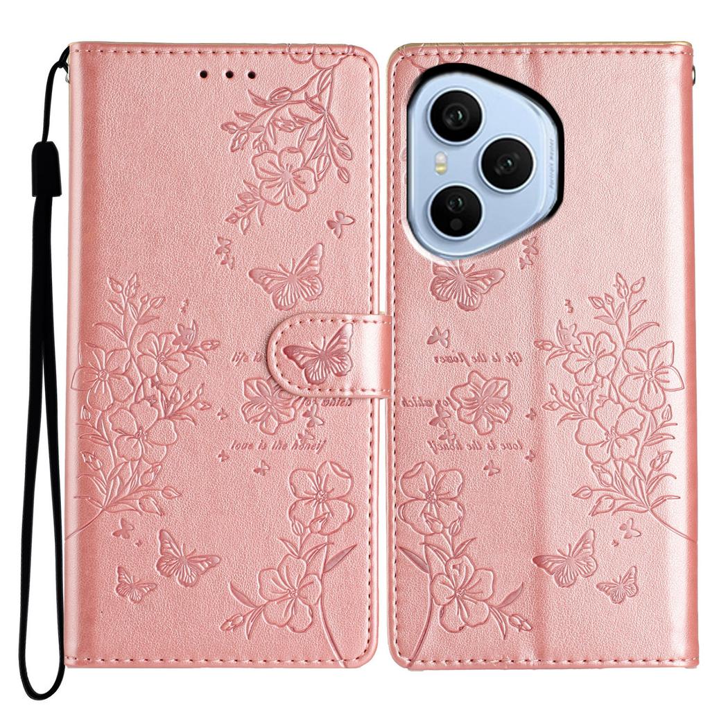 Für Honor 400 Pro 5G (Global) Brieftasche Handyhülle Schmetterling Floral Prägung Leder Klapphülle mit Riemen