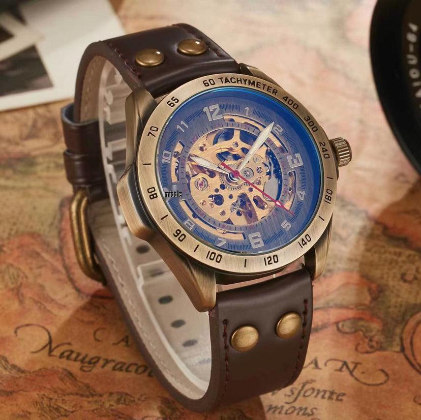 Pánske retro bronzové mechanické hodinky - Dutý dizajn, Automatický pohyb