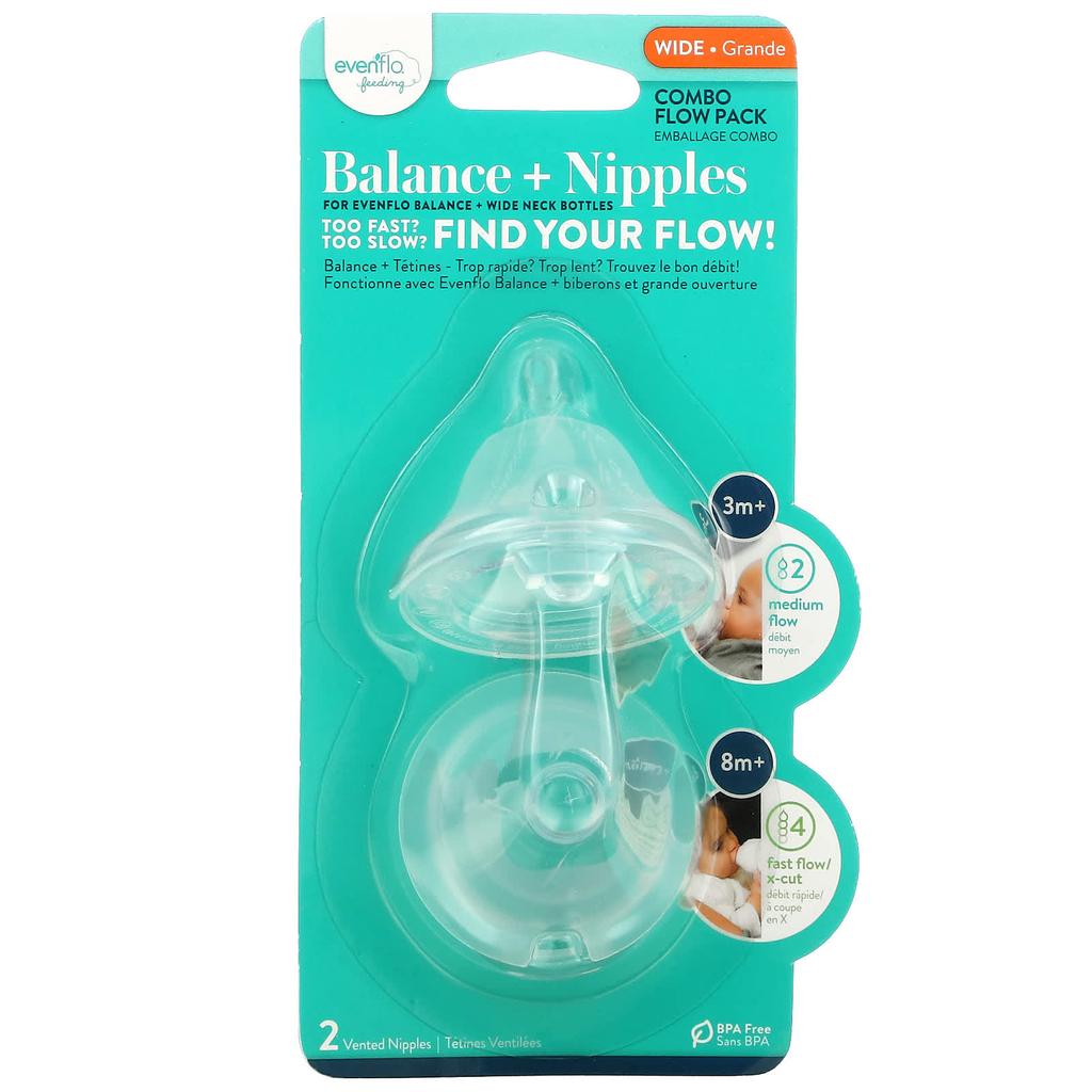Evenflo Feeding Balance + Nipple, Combo Flow Pack, Wide, 3+ Months, Medium, 2 Nipple Ejections