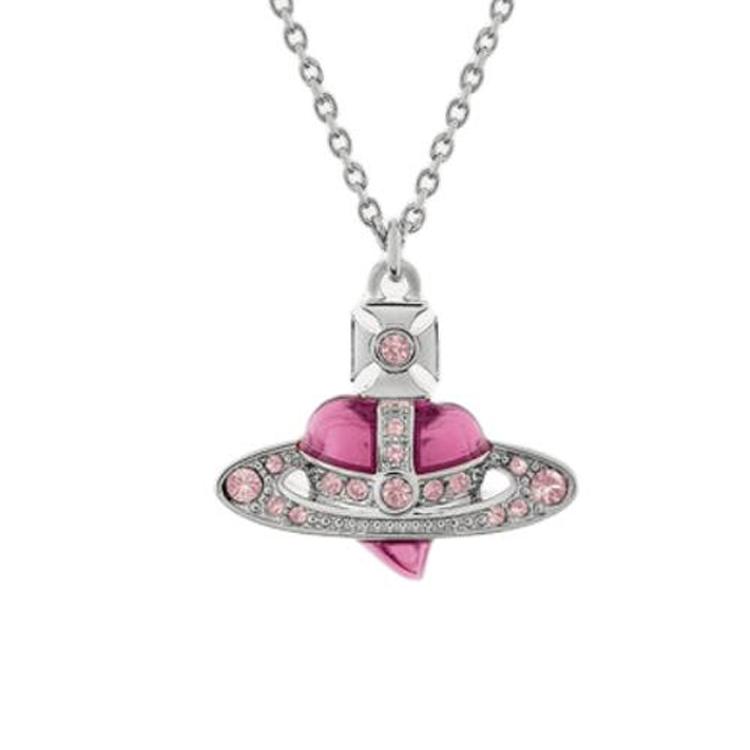 VIVIENNE WESTWOOD Diamante Brass Saturn Irregular Heart Shaped Necklace Women Necklace Silver Vintage-Pink 8053195230808