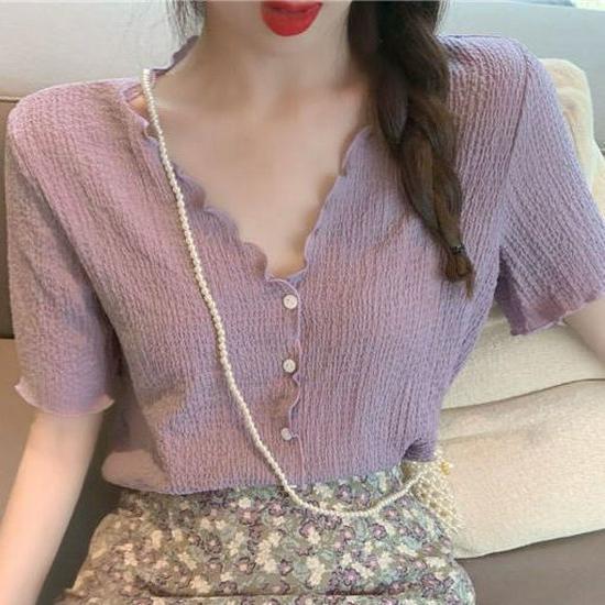 

Women s Purple V-Neck Lace Two-Piece Set - Short-Sleeved Chiffon Top & Pleated Skirt S (recommended below 80 jin)