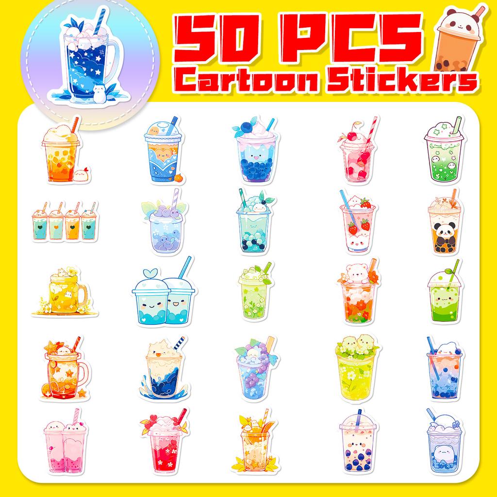 50 Bubble Tea Stickers Flavored Drinks Cute Animals Bubble Tea Cartoons Cute Graffiti Stickers