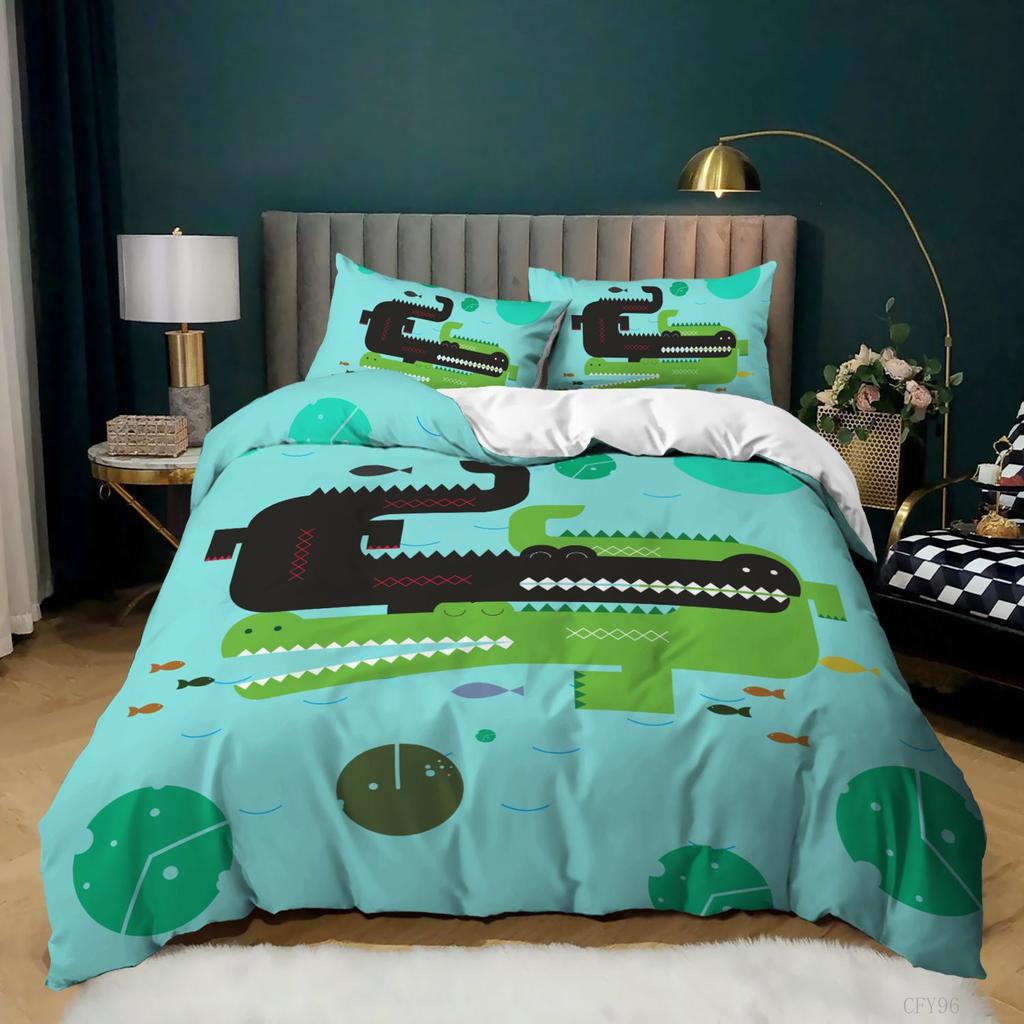 Grünes Cartoon Bettwäsche-Set Niedliches Alligator Bettwäsche-Set für Kinder Junge Mädchen 3-teilig Krokodil Tier Queen/King Size Bettbezug