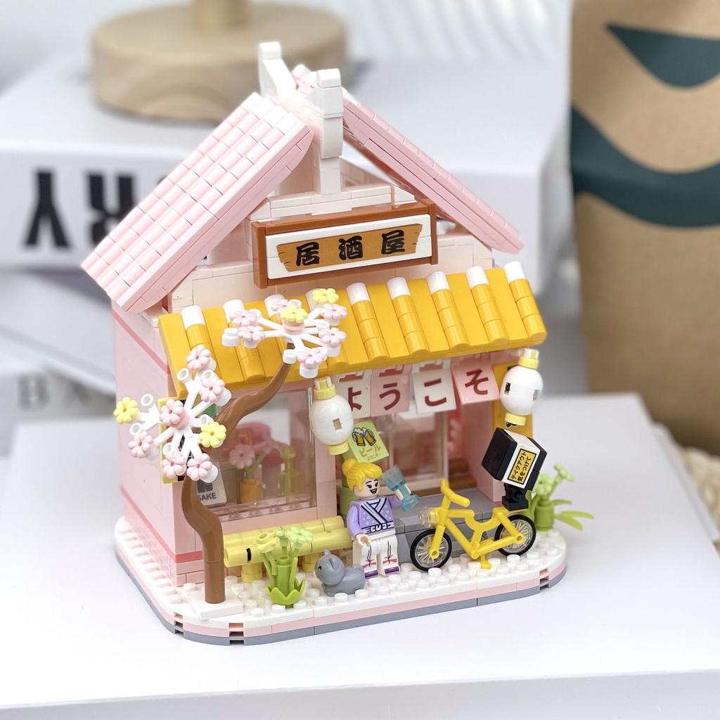 Puzzle Baustein Mini Straßenansicht Mädchen Kirschblütenbaumhaus Izakaya Zusammengebautes Spielzeug Mädchen Geschenk