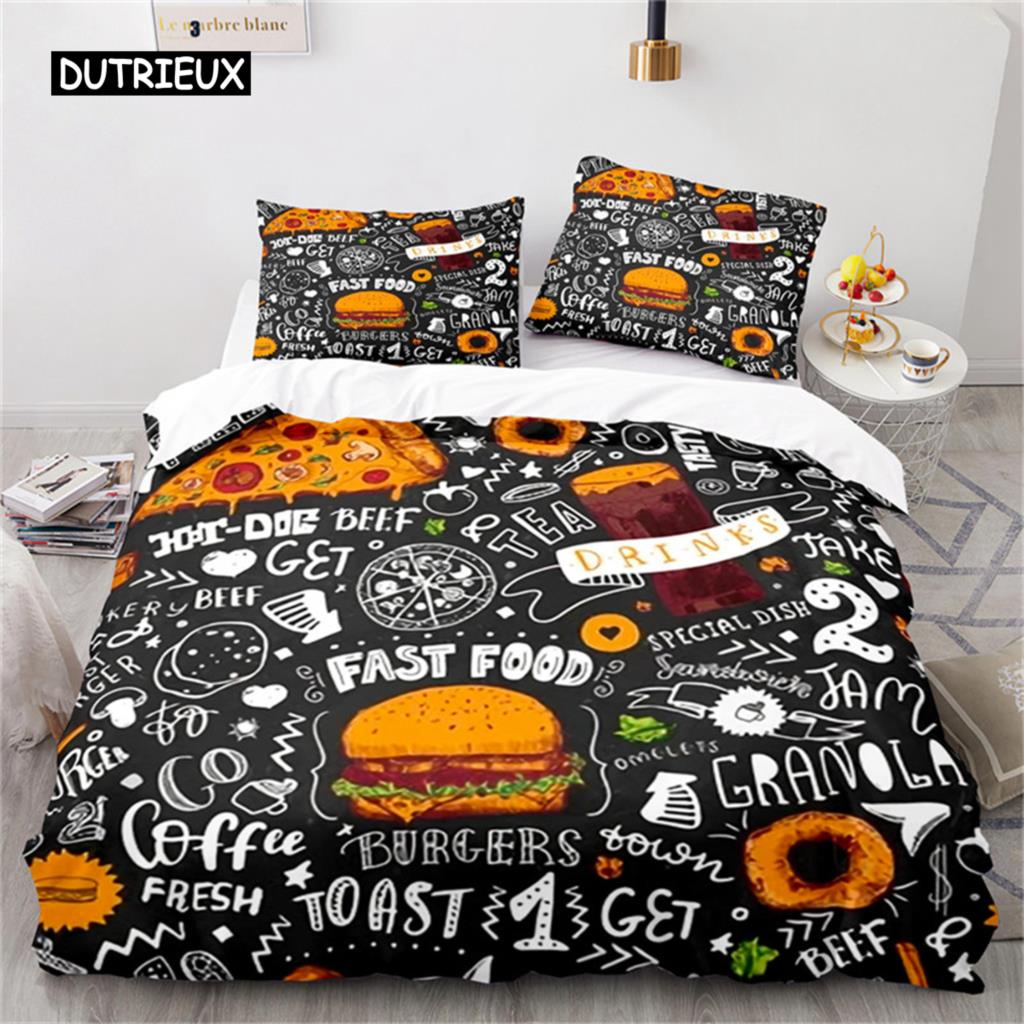 Duvet Cover Gourmet Food Burger Bedding Set Hot Dog French Fries Comforter Cover Microfiber Quilt Cover King Size Bedroom Decor