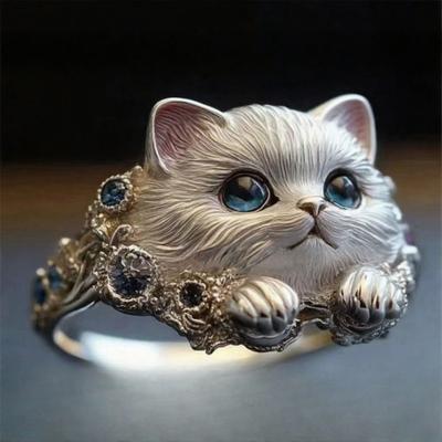 Anello Dita Gatto Inciso a Mano Decorazione Anello Uomo Donna con Intarsi di Strass Finitura Liscia Moderna Anello Animale Gioiello Regalo