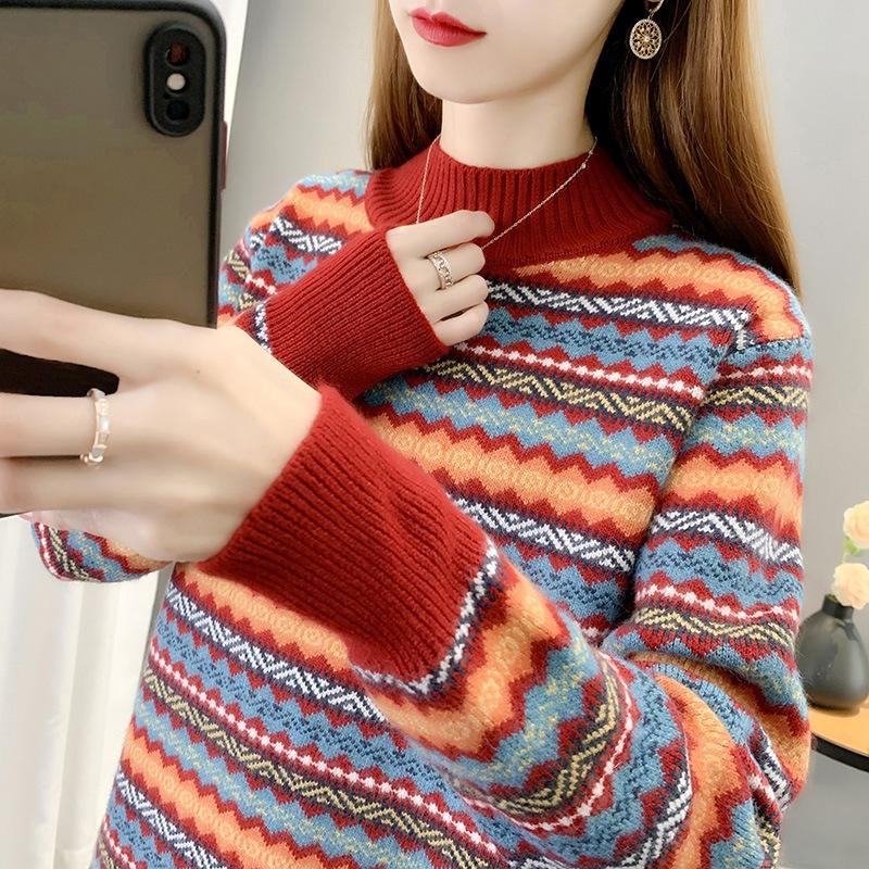 Half Turtleneck Thickened Women's Sweater Spring New Retro Ethnic Style Knitted Sweater Versatile Loose Top