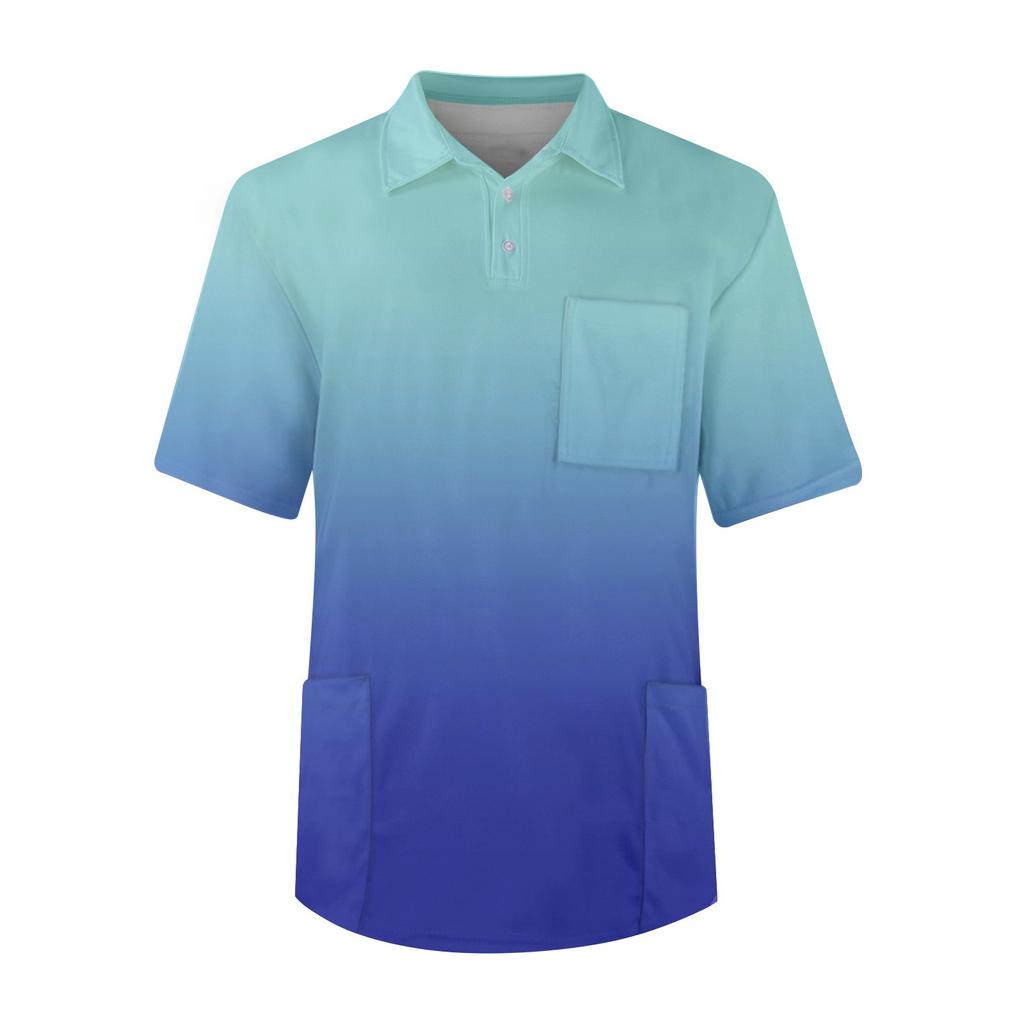 Men's Short Sleeve Button Lapel Gradient Printing Chest Pocket Dry-nurse Top