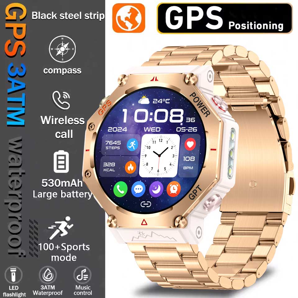 2025 New Outdoor Sports Smart Watch GPS AMOLED Heart Rate Monitoring LED Flashlight Bluetooth Call 3ATM Waterproof Smartwatches