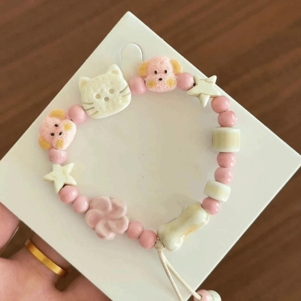 Creative Cute Dog Beaded Bracelet Resin Star Cat Beads Bracelet Cartoon Wristband Biscuit Bear Bracelet Lovers розовый