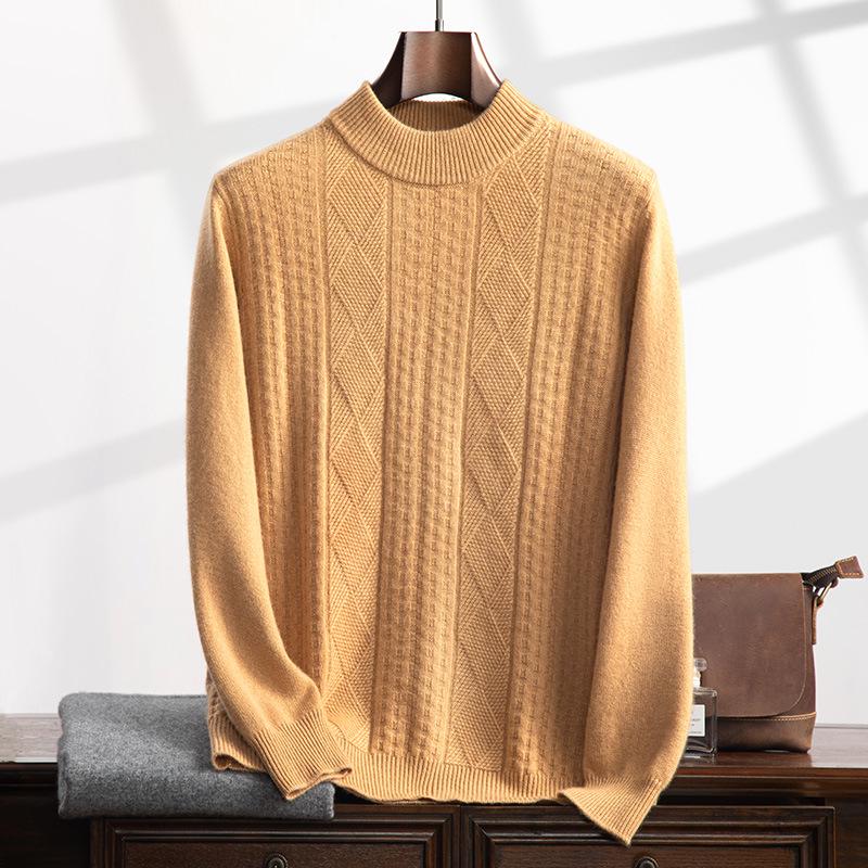 Men's Cashmere Cable Knit Sweater - Autumn/Winter 2025, Loose Fit, Semi-High Neck, Gentle Style