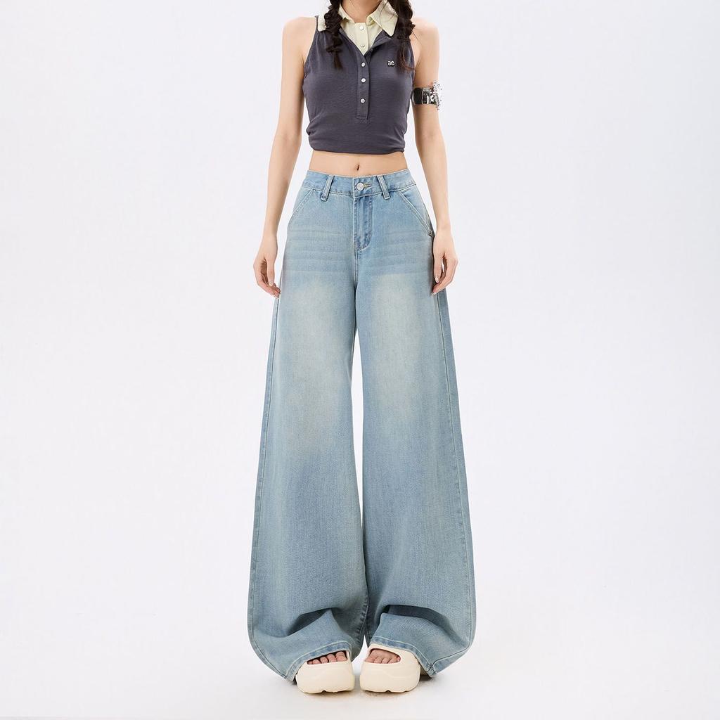 Spring Summer Pure Cotton Breathable Drape Relaxed Wide Leg Casual Denim Pants For Women Casual Pants Oversize Denim Trousers