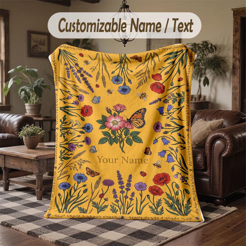Floral Garden Art 1 Theme Throw Blanket Custom Name Text Personalized Blanket Soft Cozy Blanket for Home Sofa Bed