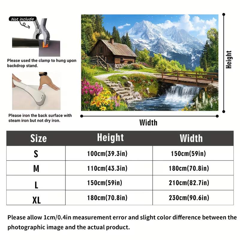 2D Scenic Mountain Backdrop, Alpine Cabin with Waterfall & Forest Photography Background