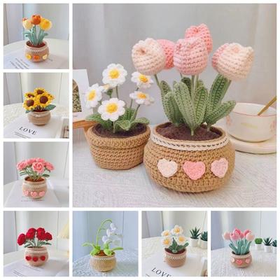 No Finish Flowers Crochet Knitting Kit Handmade Woolen Yarn Tulip Potted Flower  Beginner