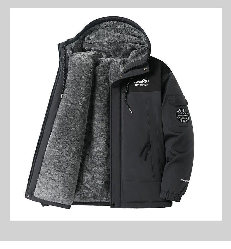 Men's Windproof Fleece-Lined Hooded Jacket: Warm, Thick Cotton Coat for Winter and Outdoor Activities