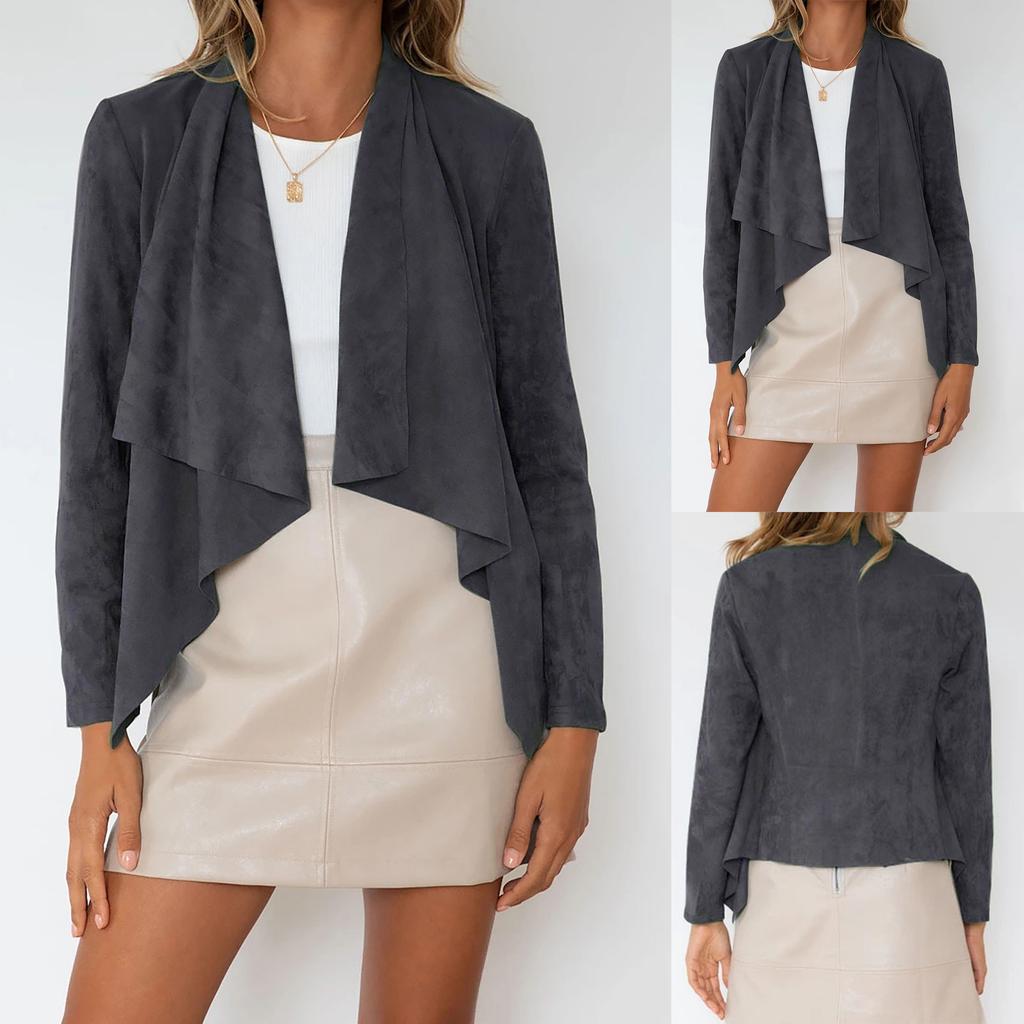 Women's Fasion Casual Loose Solid Color Long-sleeved Imitation Deerskin Drape Irregular Hem Cardigan Short Coat