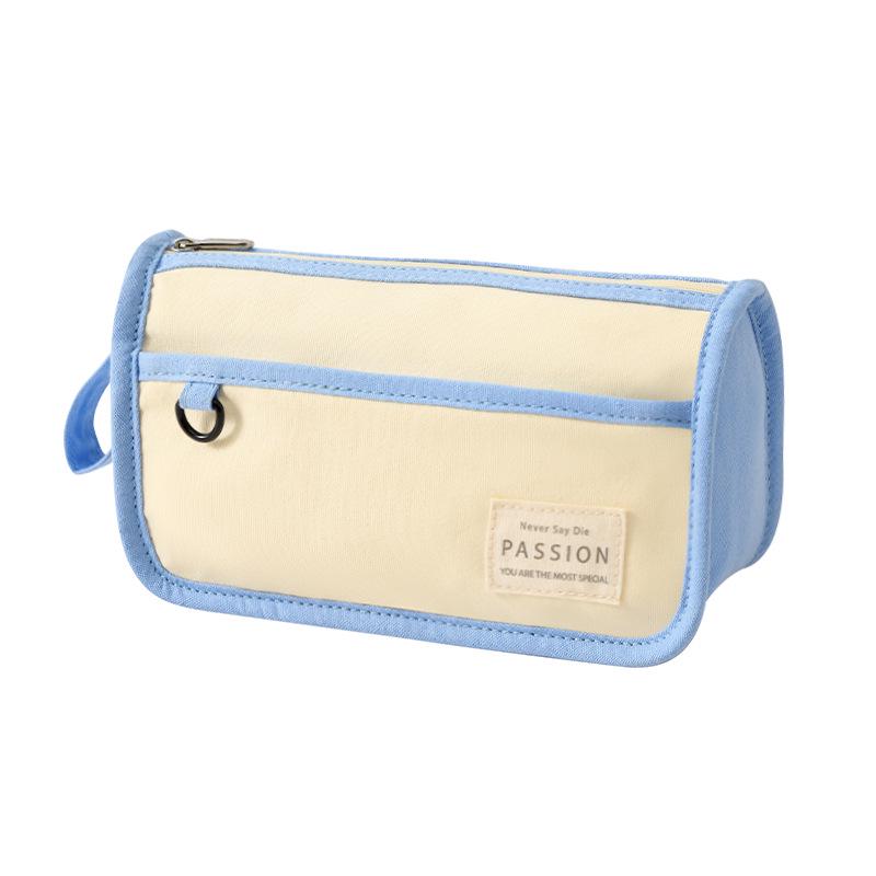 2025 Large Capacity Korean-Style Canvas Pencil Case with Color Block and Double Layers синий