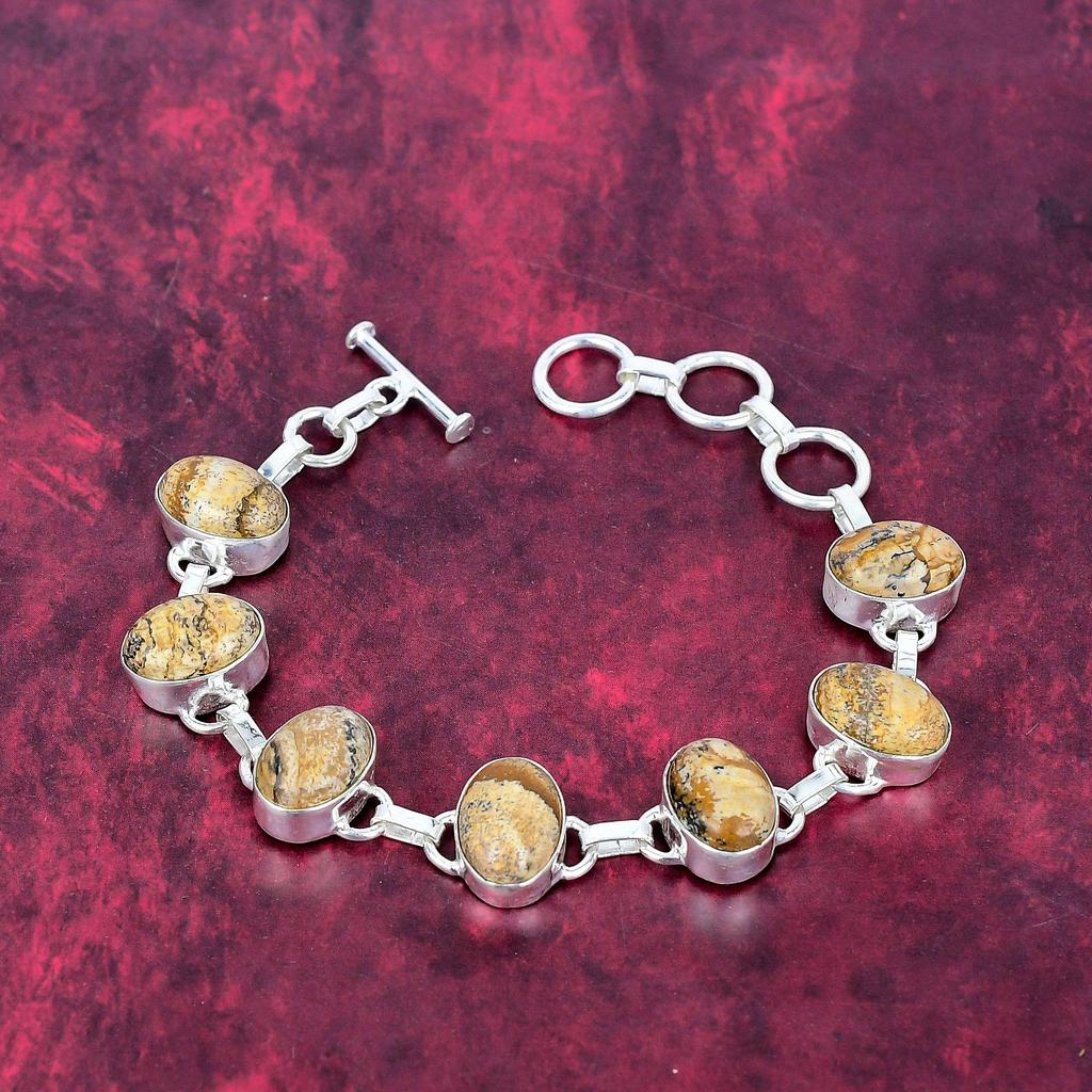 Obrázkový jaspis 925 Pevné striebro rýdzosti náramok, Ručne vyrobený náramok s drahokamami šperky, Darčeky pre manželku Úplne nový náramok