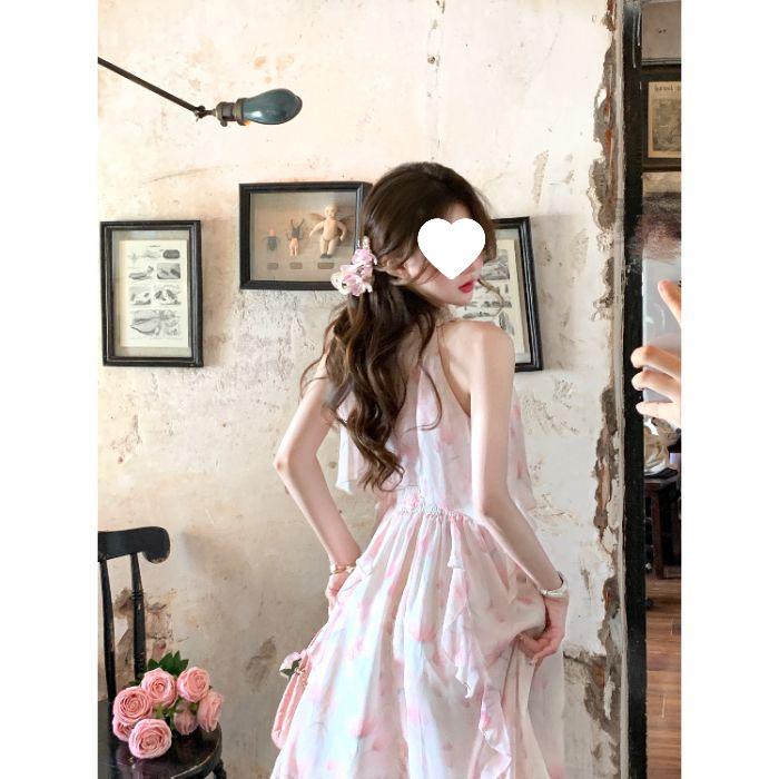 Goddess Dress: French Romantic Gradient Halter Floral Long Dress for Summer Vacations XL розовый