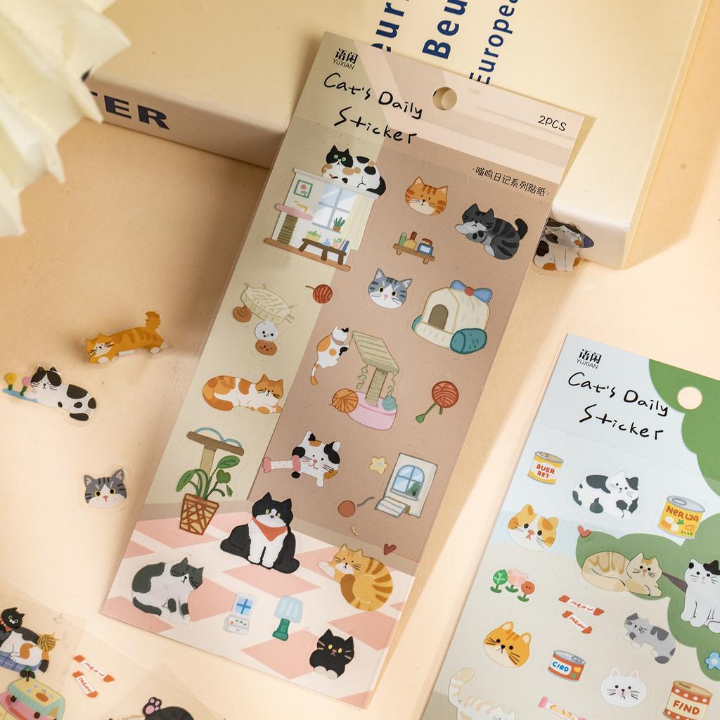 JIAMEI 2sheets Meow Diary Series Kawaii PET Cartoon Stickers DIY Diary Album Scrapbooking Journal Aesthetic Stationery Stickers