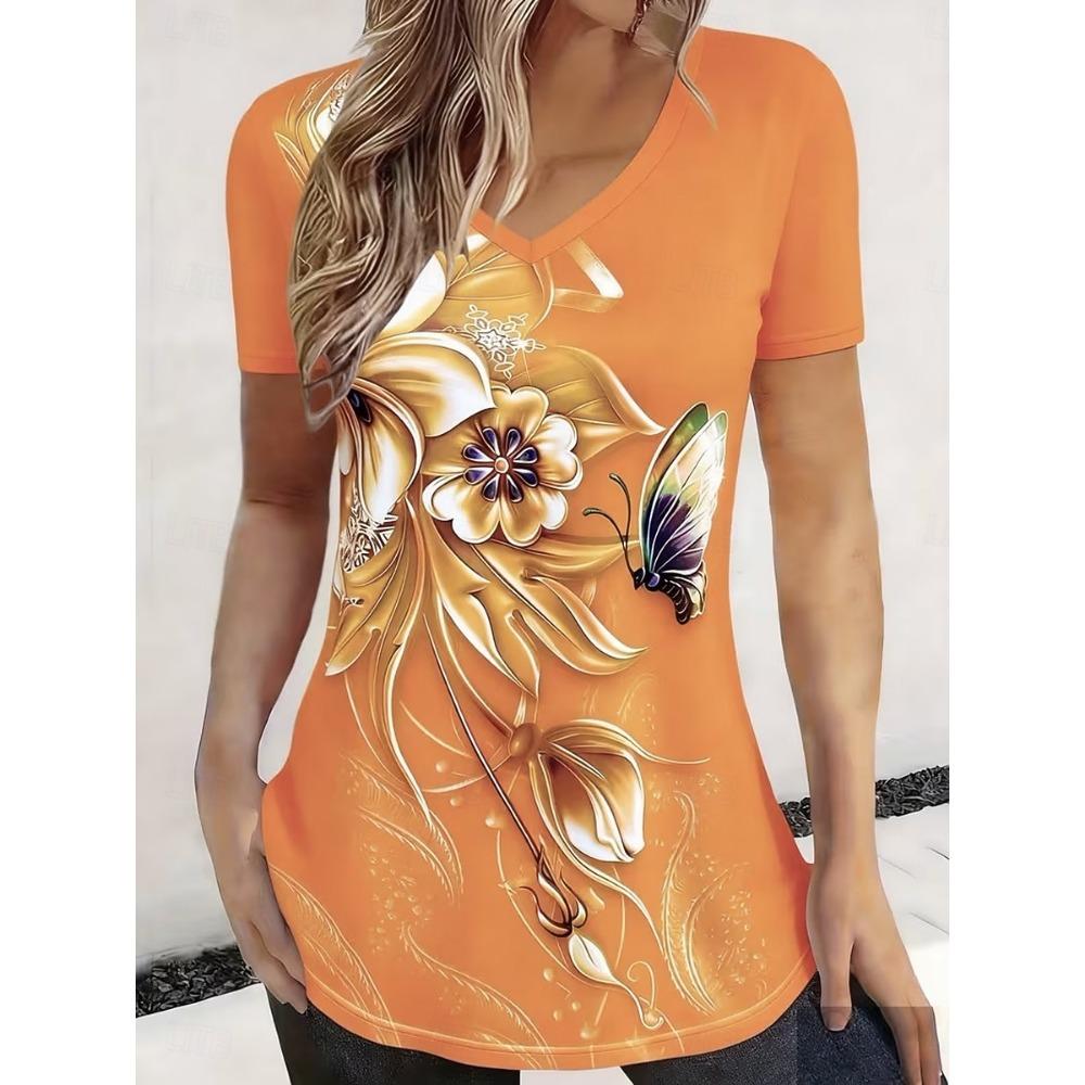 Women's T Shirt Print Ombre Floral Graphic Stylish Classic Casual Short Sleeve V Neck Regular Tops Daily Blue Red Orange Gray Summer Spring