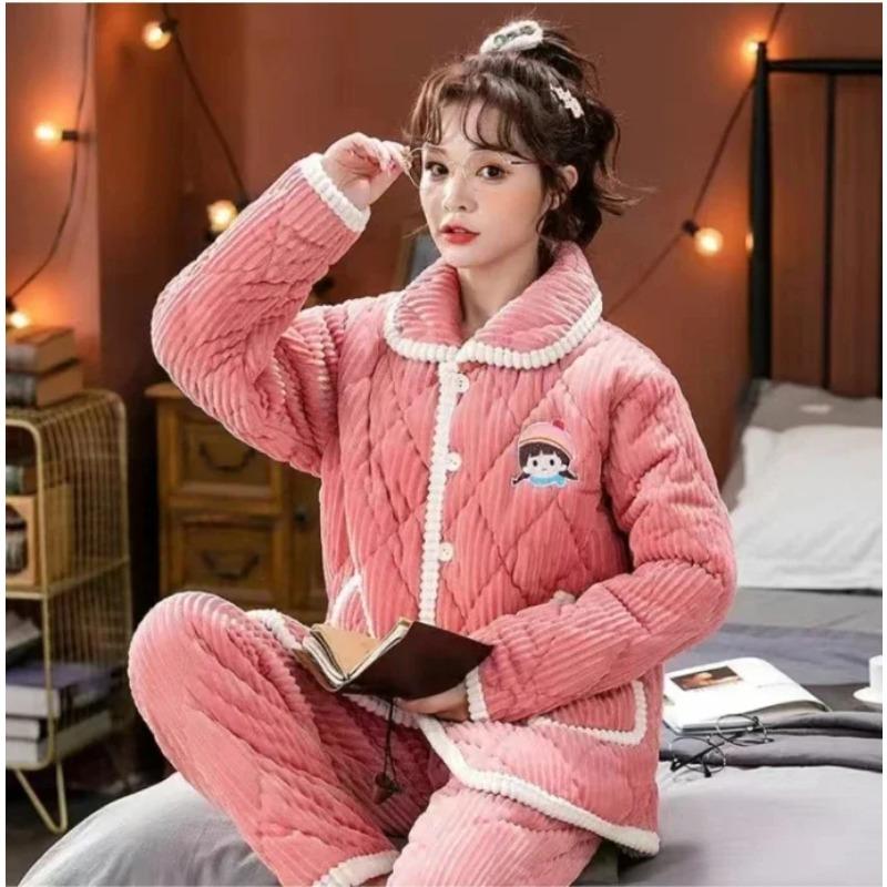 Sleepwear Women Winter Home Sleep Clothes Three Layer Thick Cotton Nightgown Flannel Coral Fleece Warm Coat Large Homewear Set