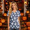 Damen V-Ausschnitt Kurzarm Kasack mit Taschen Halloween-Print Pflegekraft Uniform