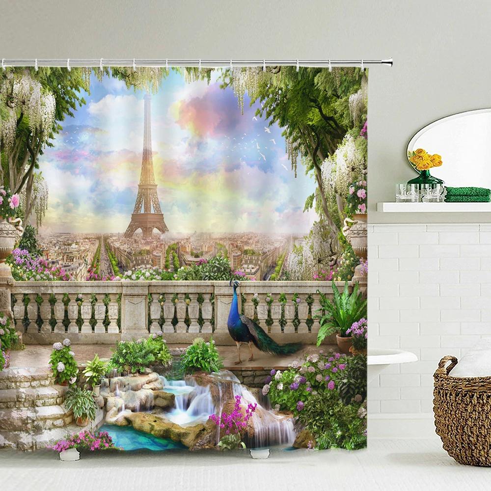 Flowers Garden Landscape Shower Curtain European Retro Rural Scenery Wall Decor Hanging Curtain Waterproof Bathroom Curtains