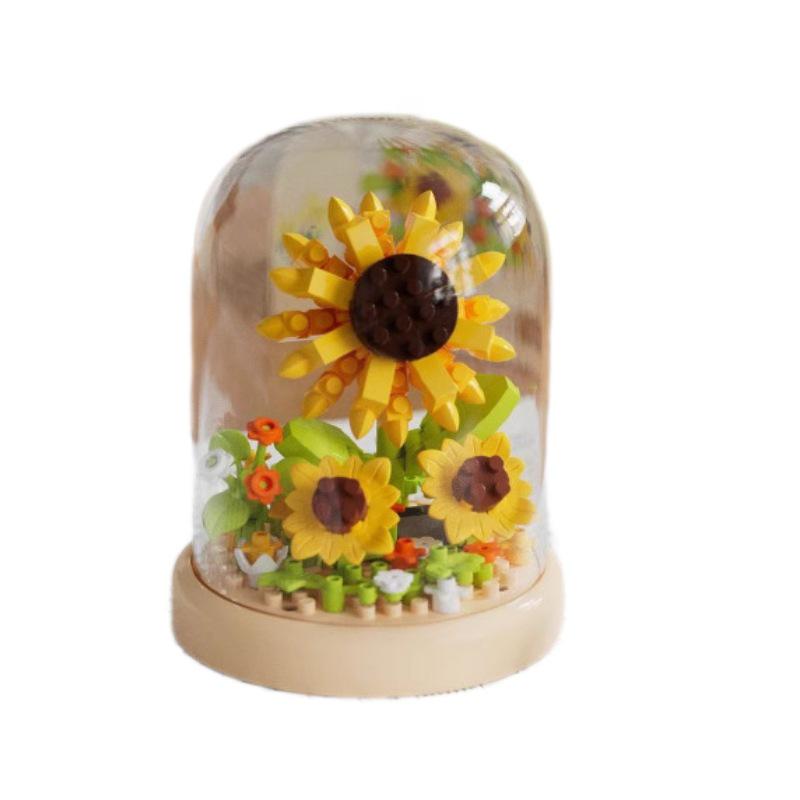 Sunflower Lego-Compatible Flower Pot Dust Cover - Educational Assembly Toy for Girls