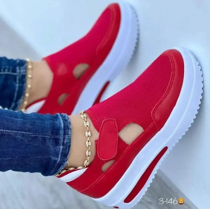 Fashion Large  Summer  Breathable Women's Casual Shoes with Thick Sole  Sloping Heel Hollowed Out Low Cut Women's Shoes  Sneakers