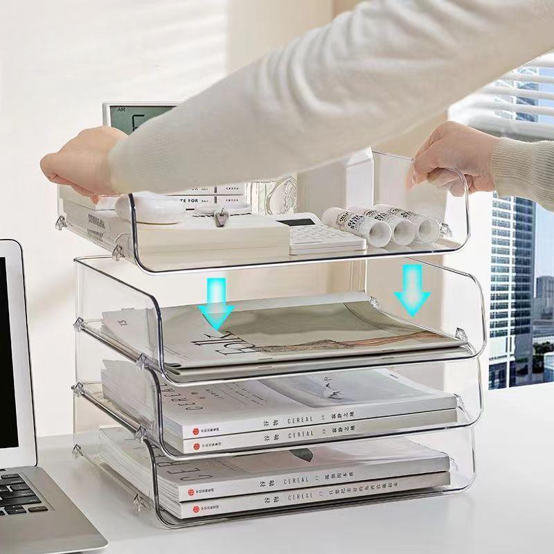 Transparent Desktop File Tray Stackable Large Capacity Stationery Book Storage Rack Jewelry A4 Paper Organizer Home Office