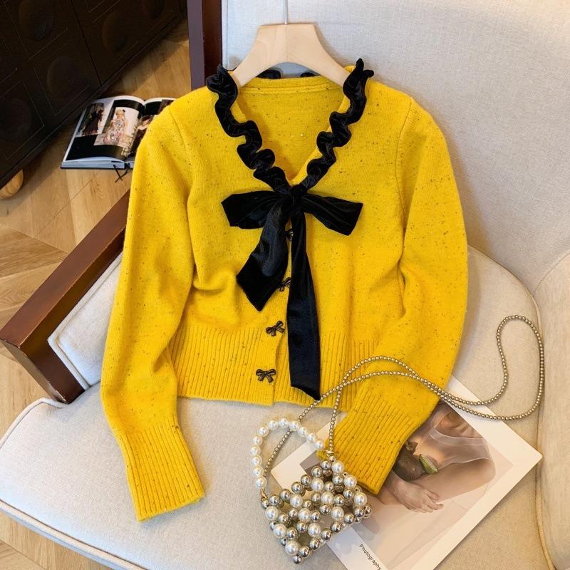 Temperament Bow Knitted Sweater Women's New Autumn and Winter Waist Thin Sweater Slim Short Top