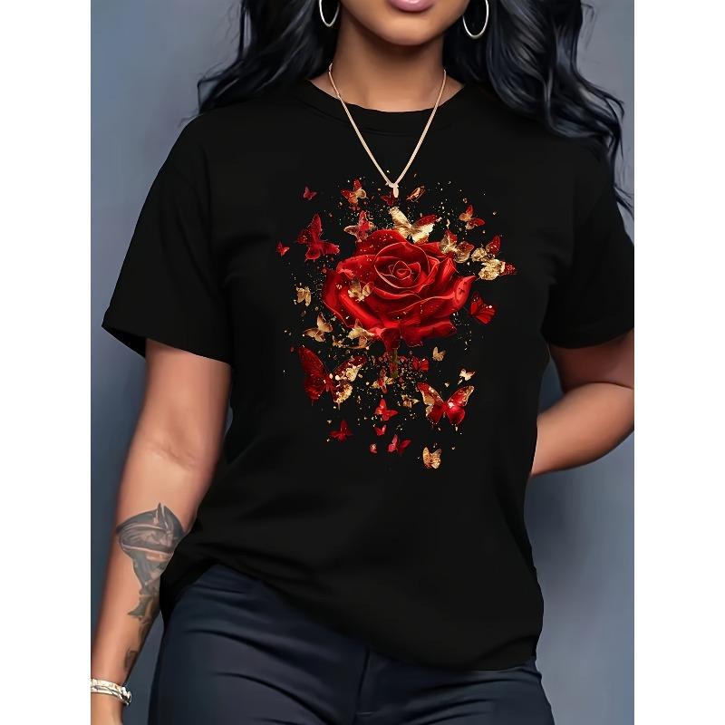 

Womens Red Rose Butterfly Print Round Neck Short Sleeve T Shirt Polyester Breathable Comfort Machine Washable Short Length Casual Office Spring 4XL чорний