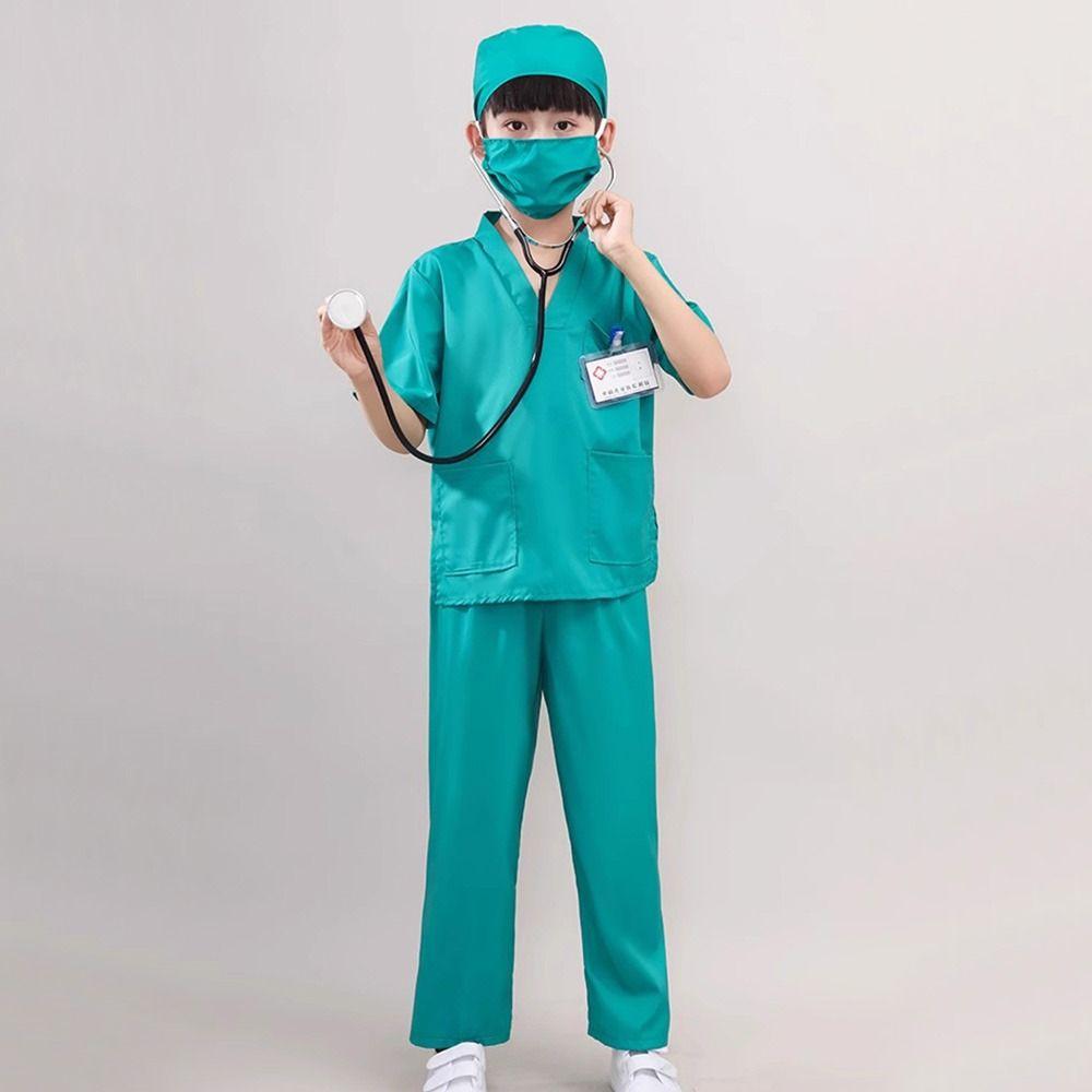7PCS V Neck Surgical Children Doctor Costume Set Doctor Nurse Cosplay with Stethoscope Scrubs Surgical Suit Role Play Costume