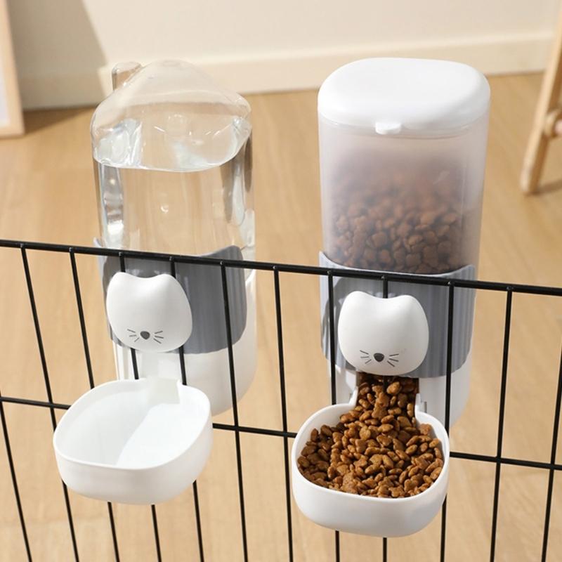 2PCS Cage Mounted Automatic Pet Food Water Dispenser with Cartoon Cats Design Easy Installation For Home Feeding Supply