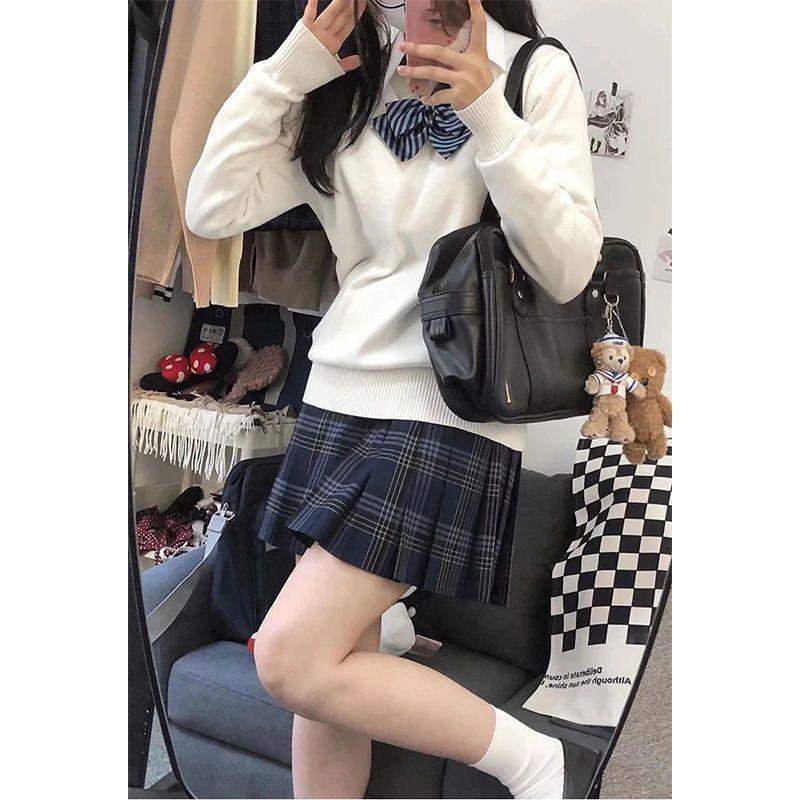 Pulovr s výstřihem do V ve stylu vysoké školy - Volný střih, Jednobarevný, Pletenina s dlouhým rukávem pro podzim a zimu