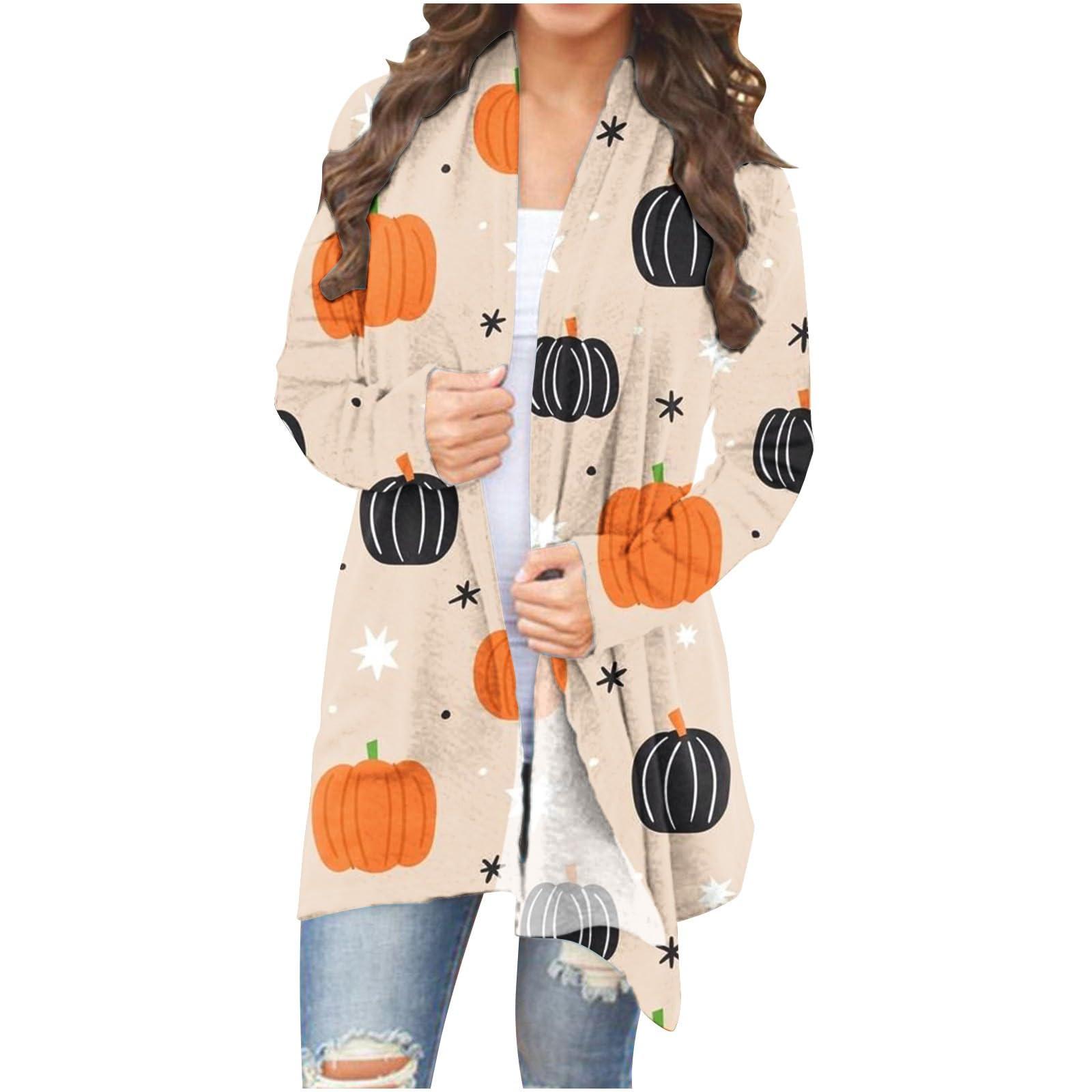 

Женская модная повседневная куртка-кардиган средней длины с длинным рукавом и принтом на Хэллоуин XL оранжевый