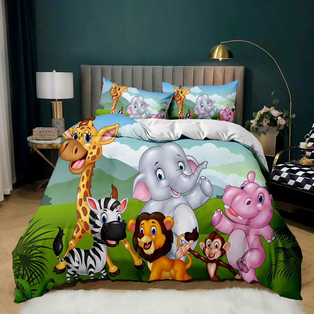 Funny Cartoon Animal Duvet Cover Safari Animal Comforter Cover Zoo Theme Jungle Bedding Set Giraffe Snake Hippo Bedspreads Cover