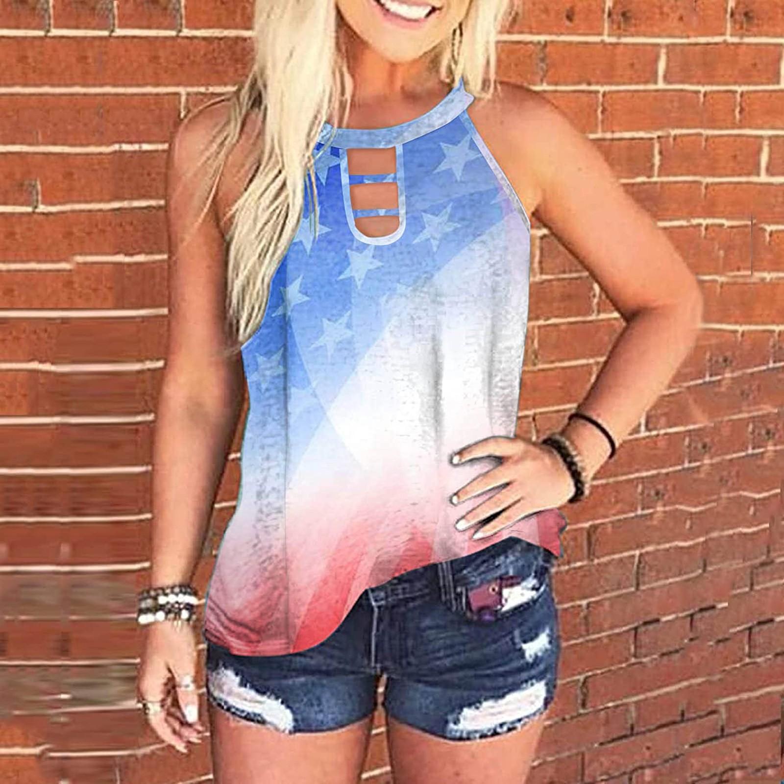 

Модные женские повседневные топы без рукавов с круглым вырезом и принтом L синий