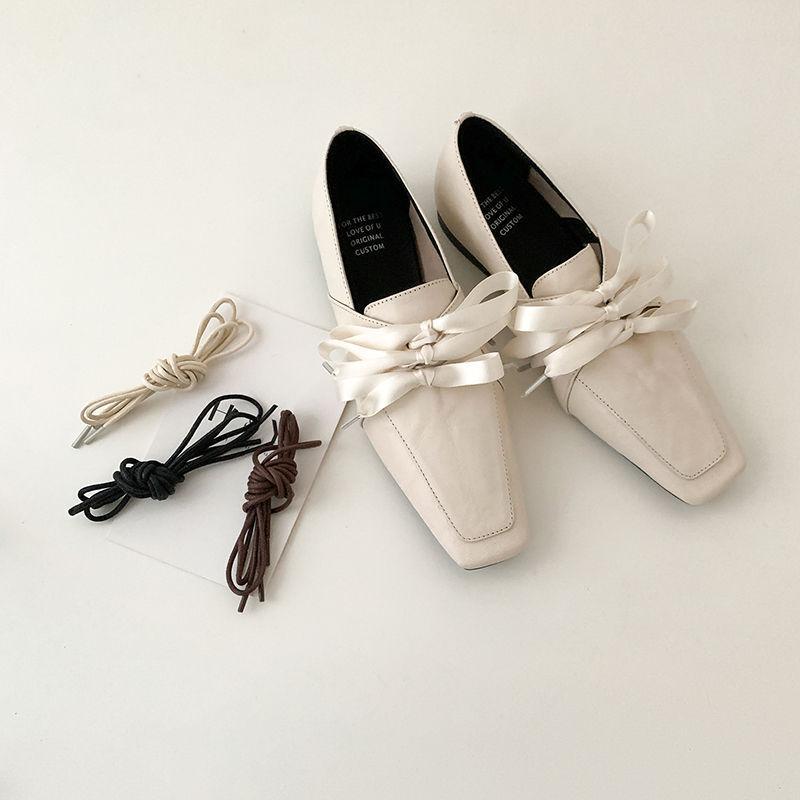 Spot second hair! Retro square head lace-up loafers one pedal bow ballet single shoes low heel small leather shoes women