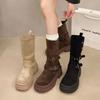 Women's Long Boots 2025 Spring New Style Fashionable Two-piece Lapel Mid Leg Boots Retro Versatile Thick Soled Motorcycle Boots