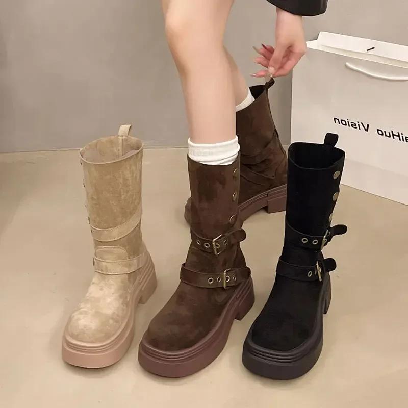 Women's Long Boots 2025 Spring New Style Fashionable Two-piece Lapel Mid Leg Boots Retro Versatile Thick Soled Motorcycle Boots