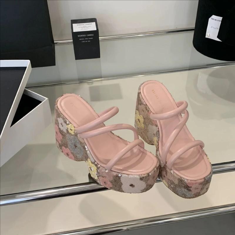 Fashion 2025 New Pink/Black Shiny Sequins Flower Multicolor Women Shoes Peep Toe Platform Wedges High-heels Outdoor Slippers Sandals