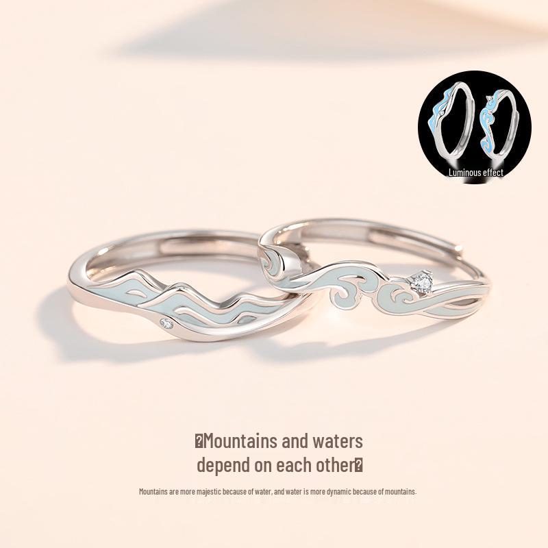 Tichya S925 Sterling Silver Enamel Luminous Open Rings – Mountain & Water Design, Korean Style, Versatile and Unique.