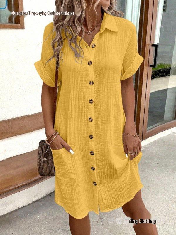 Women's Mid-Length Single-Breasted Short Sleeve Solid Color Casual Dress