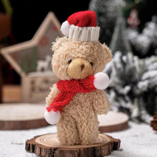 Plyšový medvídek Vánoční dekorace Malý plyšový medvídek s pletenou čepicí a šálou Roztomilá zvířátka Stolní ozdoba pro vánoční párty výslužky