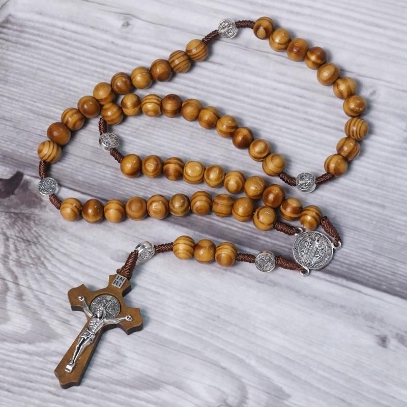 Kulaté dřevěné korálky Ručně vyráběné čárové kódování Katolické křesťanské Retro Katolické růžencové křížové náhrdelníky Šperky