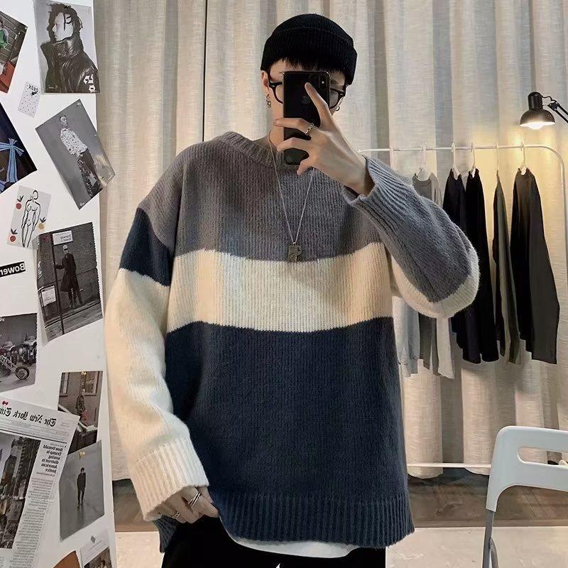 

Мужской вязаный свитер с круглым вырезом в стиле колор-блок, повседневный корейский тренд в гонконгском стиле, универсальный свободный крой для весны и осени. Medium